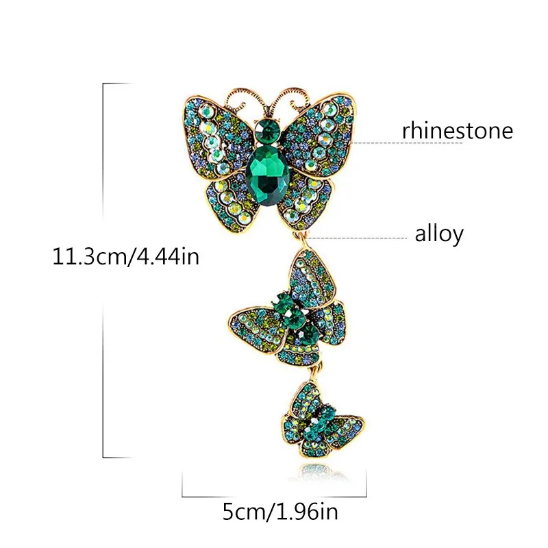 Stora strassfjärilsbroscher för kvinnor Vintage Crystal Insects Pendant Tassel Pins Hijab Scarf Pins ryggsäckar Broscher