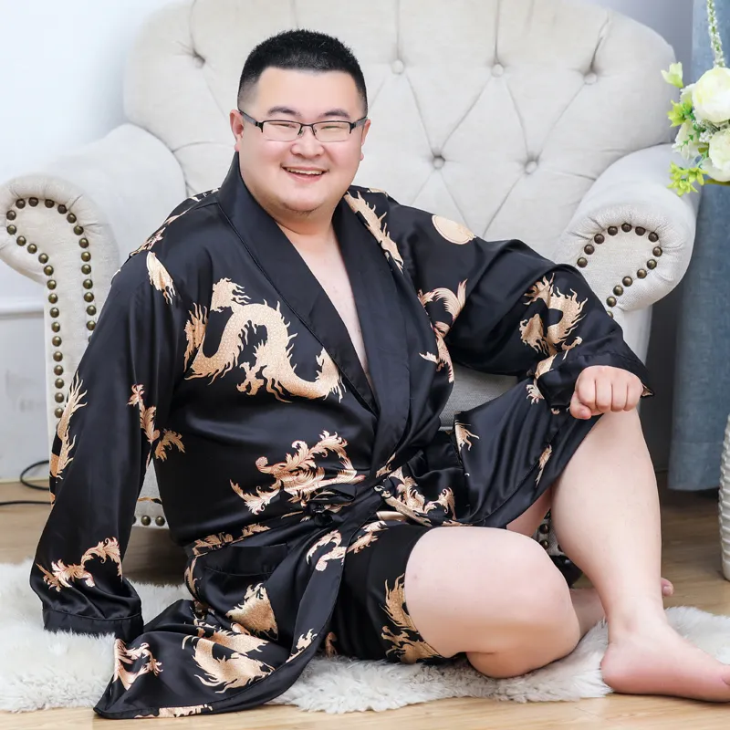 Men's Robes Men Silky Satin Kimono Robe 7XL Long Sleeve Soft Dragon Dressing Gown Bathrobe Sleeprobe Male Lounge Home Wear 230313