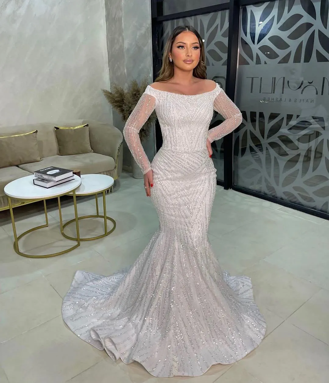 Sparkly Mermaid Evening Dresses Long Sleeves Bateau Beaded Appliques Sequins 3D Lace Floor Length Off Shoulder Prom Dresses Formal Gowns Plus Size Gowns Party Dress
