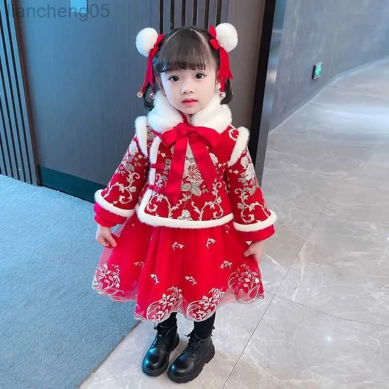 Flickans klänningar Nya röda kinesiska nyårskläder kvinnors hanfu vinterkläder barn tang kostym baby plus sammet vadderad klänning julklänning w0314