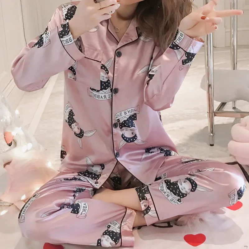 Pijamas de seda de cetim de roupas femininas conjunto feminino desenho animado de manga cheia de manga de dormir pijamas terno de roupas caseiras 2 peças Loungewear PJS PLUS TAMANHO 230314