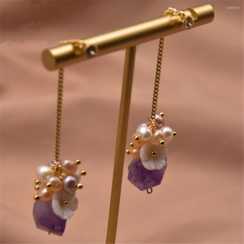 Baumeln Ohrringe Natürliche Süßwasser Perle Blume Charme Lange Stil Koreanische Mode Amethyst Trendy Quaste Ohrring Frauen Luxus Schmuck