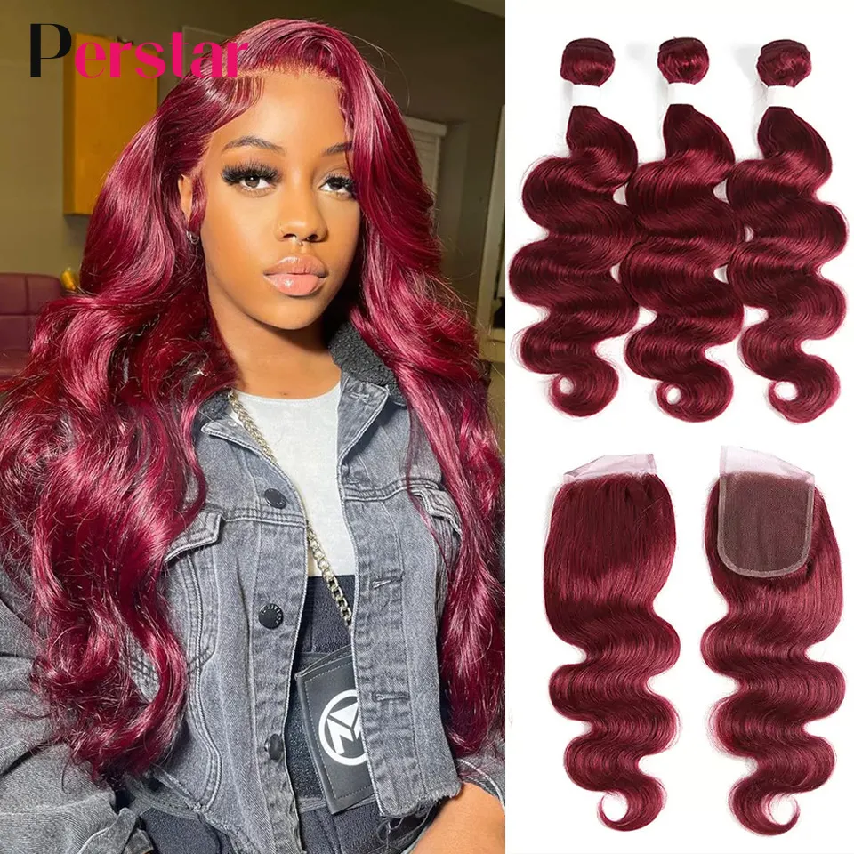 Hårstycken Persstar Bourgogne Red Human Bunds med stängning Malaysia 99J Body Wave Weave Extensions 230314