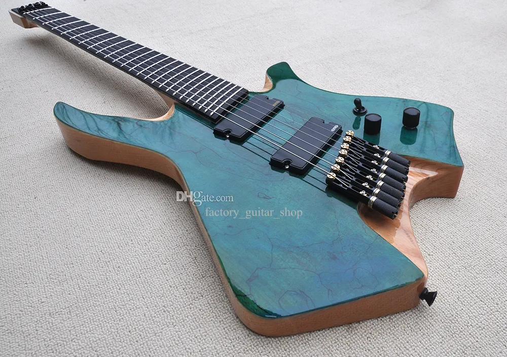 Factory Custom 7 Strings Headless Electric Guitar with Fanned Ebony Fretboard Ash body Spalted Maple Veneer Black Hardwares Offer Customized