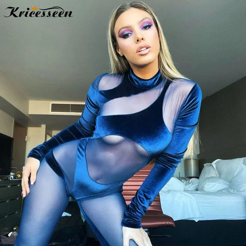 여성용 점프 수트 장미 Kricesseen Sexy Blue Velvet Mesh 패치 워크 스키니 긴 팬츠 점프 수트 여성 Sheer Rompers Clubwear Extands 생일 의상 230314