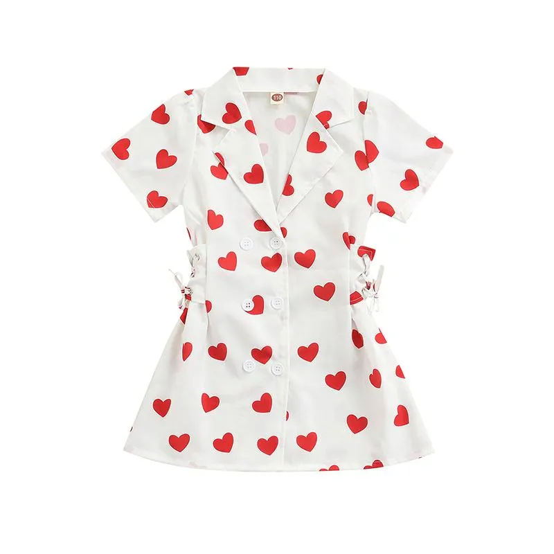 Abiti da ragazza Abito da camicia estivo per ragazze da ragazza Love Heart Print Risvolto Manica corta Fasciatura Button-Down Pezzo per bambini Bianco Rosso