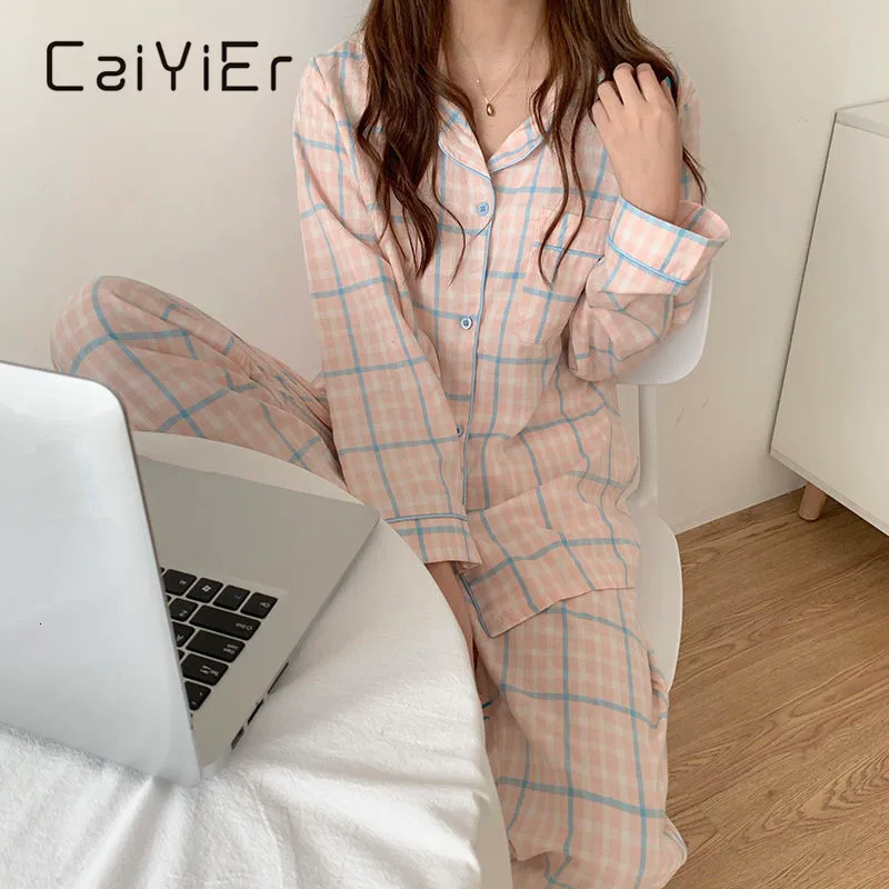 Women's Sleepwear CAIYIER Cute Grid Girls Pajamas Set Korean Autumn Winter Long Sleeve Leisure Sleepwear Women Loose Nightwear Homewear Suit 230314