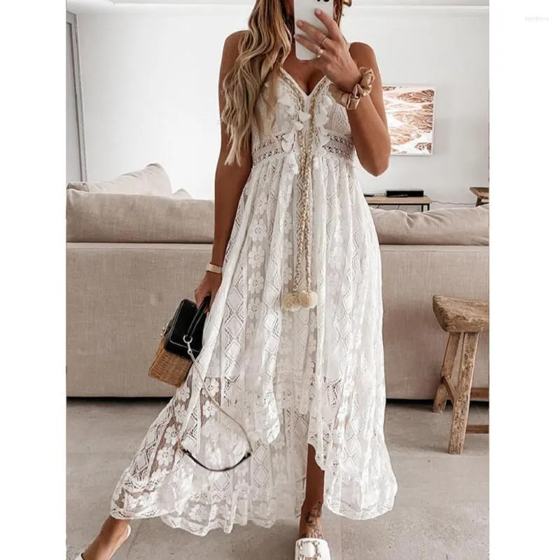 Sukienki swobodne boho jesienne kobiety maxi dama z ramiona wakacyjna koronka v szyja spaghetti pasek Sundress biała sukienka vestidos de Mujer oodji