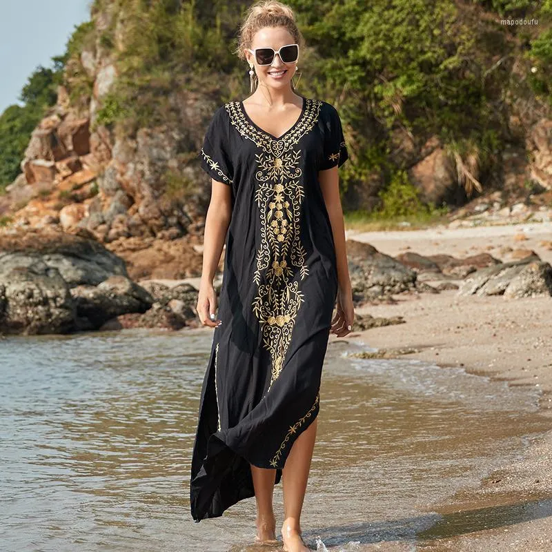 Robes décontractées Oversize noir broderie col en v à manches courtes été plage robe tunique femmes vêtements de plage chauve-souris longue