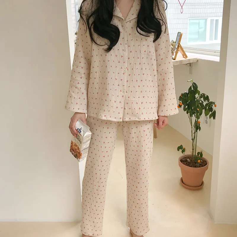 Women's Sleepwear Cotton Linen Sleepwear Set Sweet Cute Cherry Print Pajamas Vintage Kawaii Notched Pocket Home Suit ShirtTrousers Button S890 230314