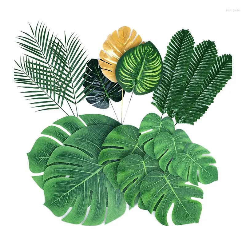 Fleurs décoratives -78 pièces 8 sortes de feuilles de palmier artificielles avec des tiges Faux Jungle Safari Feuille Faux Tropical Fournitures Pour Mariage