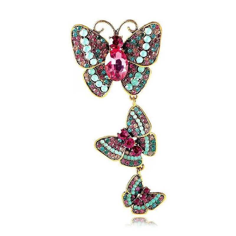 Grandes broches de borboleta de strass para mulheres insetos de cristal vintage pinging tassel pinos hijab lenço pinos de mochilas