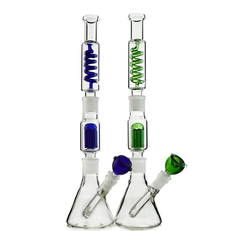 Narguilés uniques Beaker Bongs en verre 6 bras arbre perc conduites d'eau 18mm joint femelle bleu vert condensateur bobine 16 pouces tige descendante diffuse huile Dab Rigs 3mm d'épaisseur