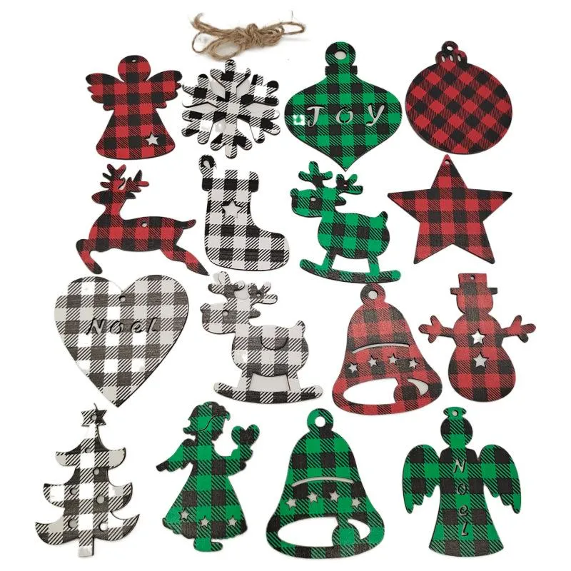Party Decoration Christmas Red And Black Lattice Pattern Wood Chip Crafts Pendants Home DIY Chips