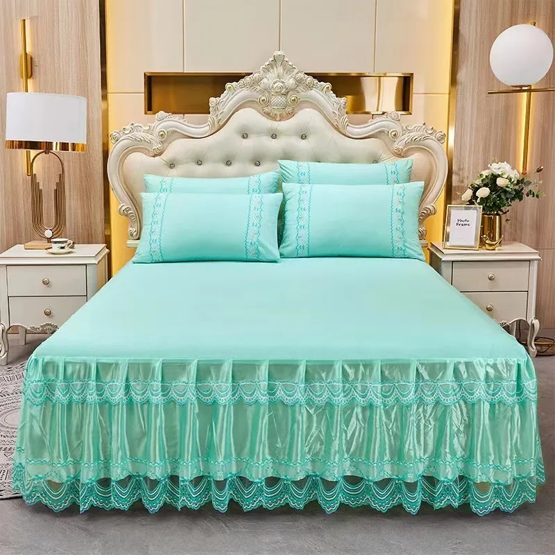 Bed Skirt 3pcs Set Embossed Printing Luxury Princess Romantic Bed Spread Soft Lace Bed Skirt Queen Size Bedspread with 2pcs Pillowcase 230314