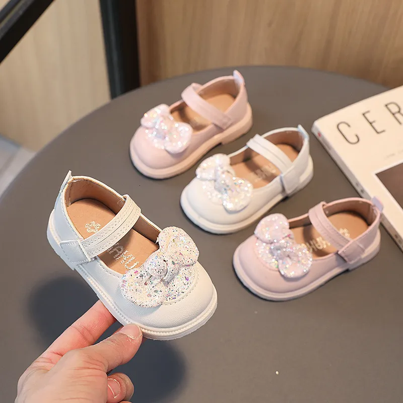 First Walkers Baby Girls First Walker Shoes Solid Color Sequin Bow Kids Fashion Round-toe Cute Princess Simple Children Casual Shoes 230314