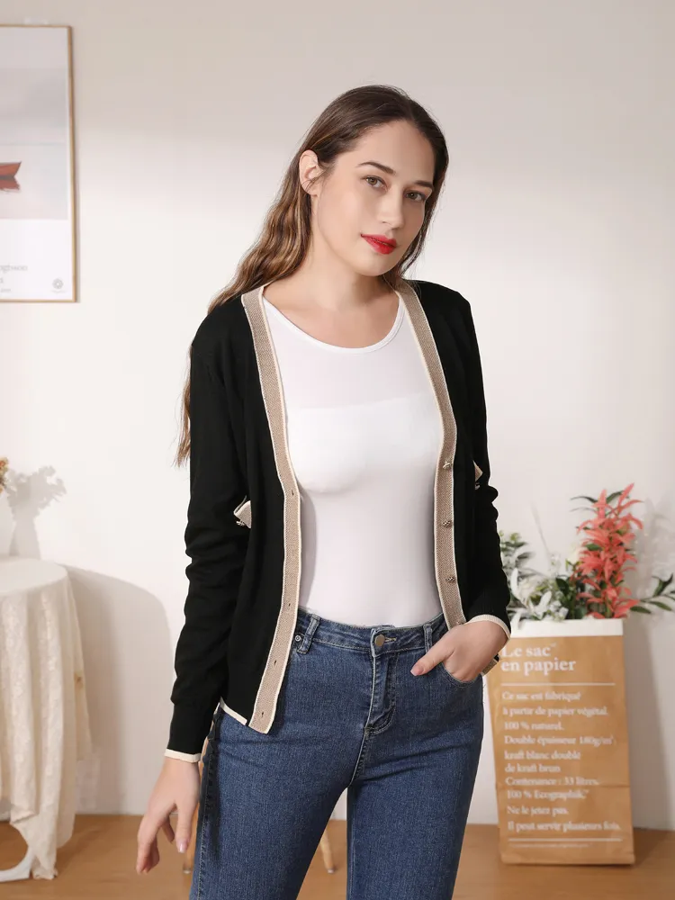 Women's Knits Tees Tricot Outerwear Crochet Top Black Cropped Korean Fashion Style Cardigan Female Vneck Knitted Ladies Sweaters Blouses 230313