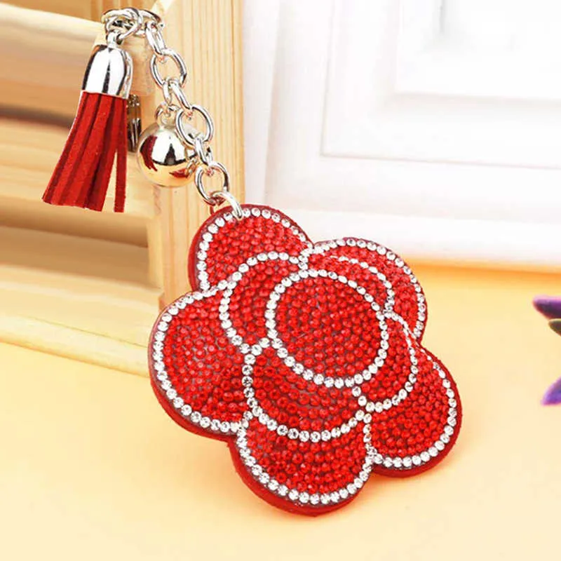 Keychains Valentine's Day Flower Tassel Leaer Crystal Trinket Key Chain For Holder Purse Car Bag Pendant Handbag Ring L230314