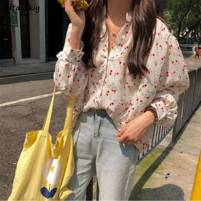 Women's Blouses & Shirts Floral Women Elegant Ulzzang V-neck Chic Blusas Mujer Long Sleeve Spring Casual All-match Cozy Feminine Hipster