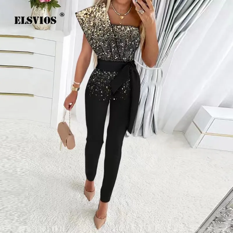 Kvinnors jumpsuits Rompers Autumn Jumpsuit Women Fashion Sequins Patchwork Short Sleeve Slim Bodycon Outfits Lady Elegant Sexy Party Overalls 230313