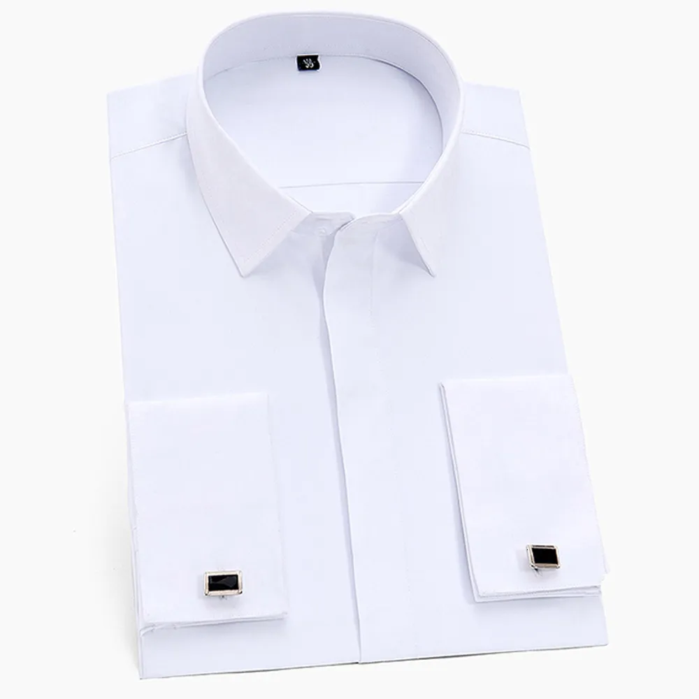 Men's Casual Shirts Men's Classic French Cuffs Solid Dress Shirt Covered Placket Formal Business Standard-fit Long Sleeve Office Work White Shirts 230313