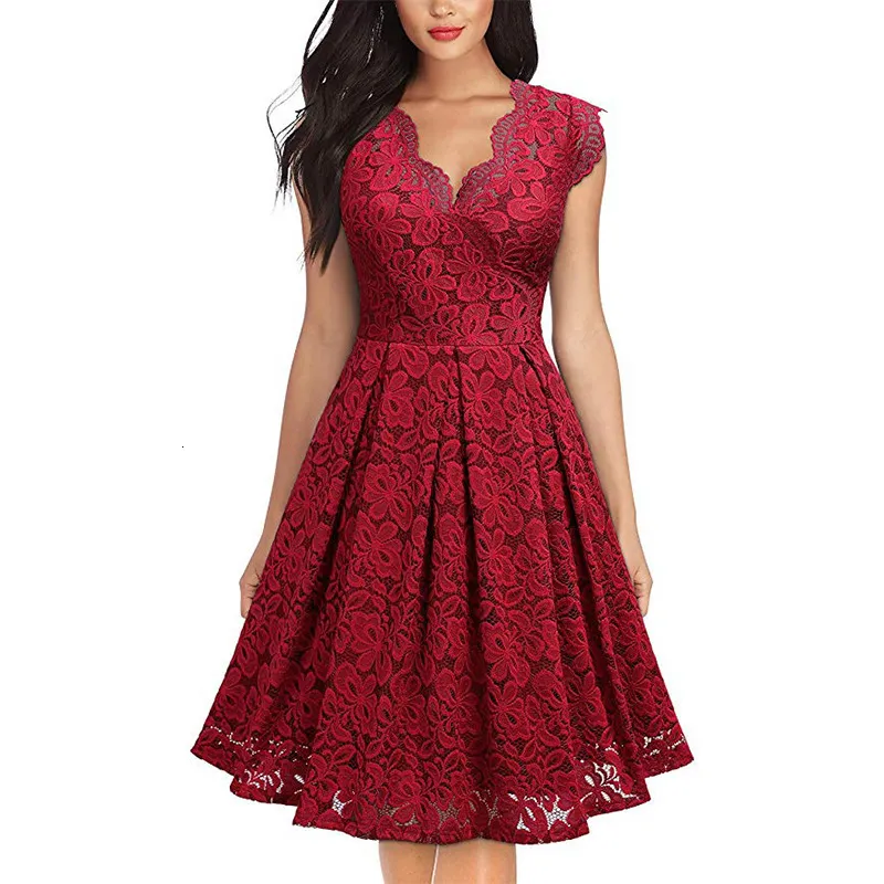 Partykleider Damen Vintage Blumenspitze Kurzarm Brautjungfernkleider V-Ausschnitt Cocktailparty Abend Hochzeit Midi Rot 230314