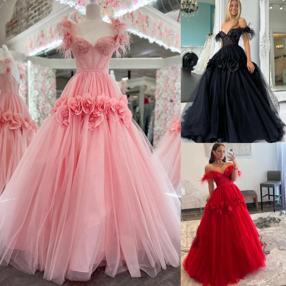 Allık balo elbisesi 2K23 OFUSUZ BALLGOWN 3D Gül Çiçek Lady Pageant Resmi Akşam Etkinlik Partisi Pist Siyah-Tie Gala Quince Sheer Dantel Korse Tüy Kap Sesey