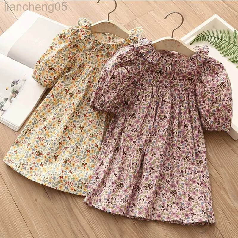 Vestidos de menina 2022 Novo Summer 2 3 4 6 8 10 12 anos Crianças Manga curta estampa completa Floral Flower Cotton Vestres para crianças meninas W0314