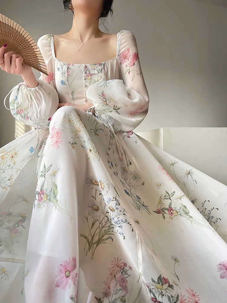 Elegant French Floral Midi princess dress for women in Chiffon with Long Sleeves for Evening Parties, Beach Fairy princess dress for women, and Korean