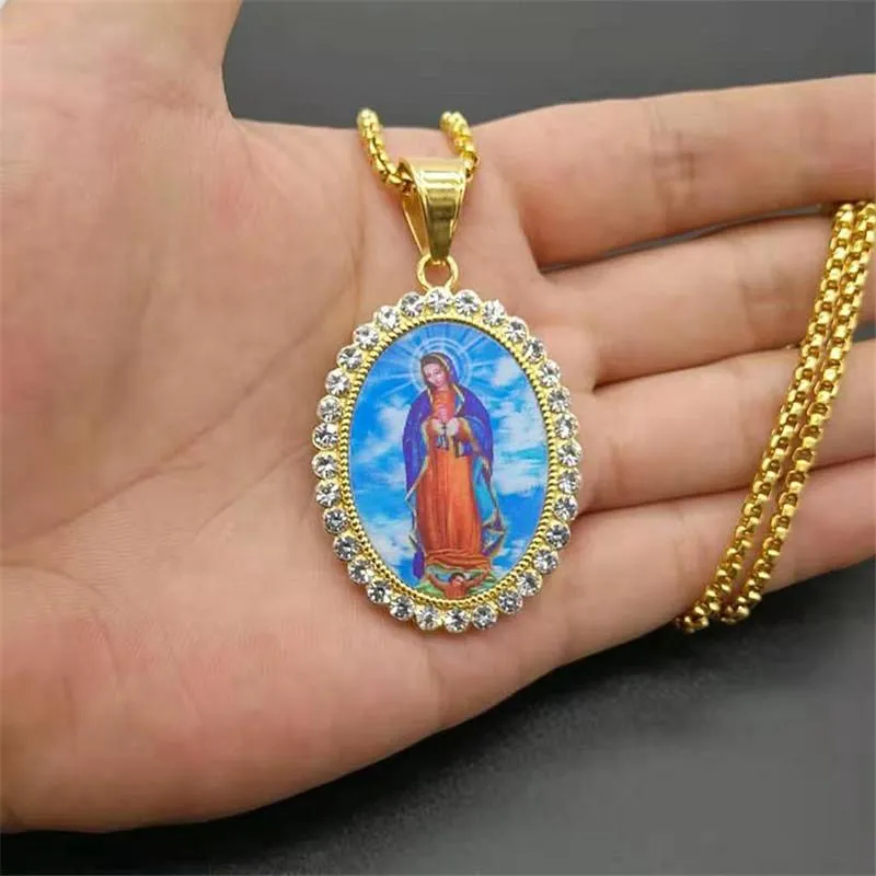 Pendentif Colliers Glacé Zircon Vierge Marie Collier Pour Femmes Or Couleur En Acier Inoxydable Bling CZ Bijoux Chrétiens