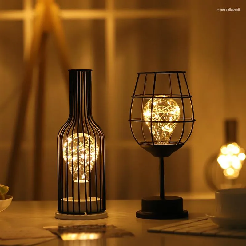 テーブルランプノルディックランプ鉄の装飾赤ワインカップボトル銅線LEDナイトライト