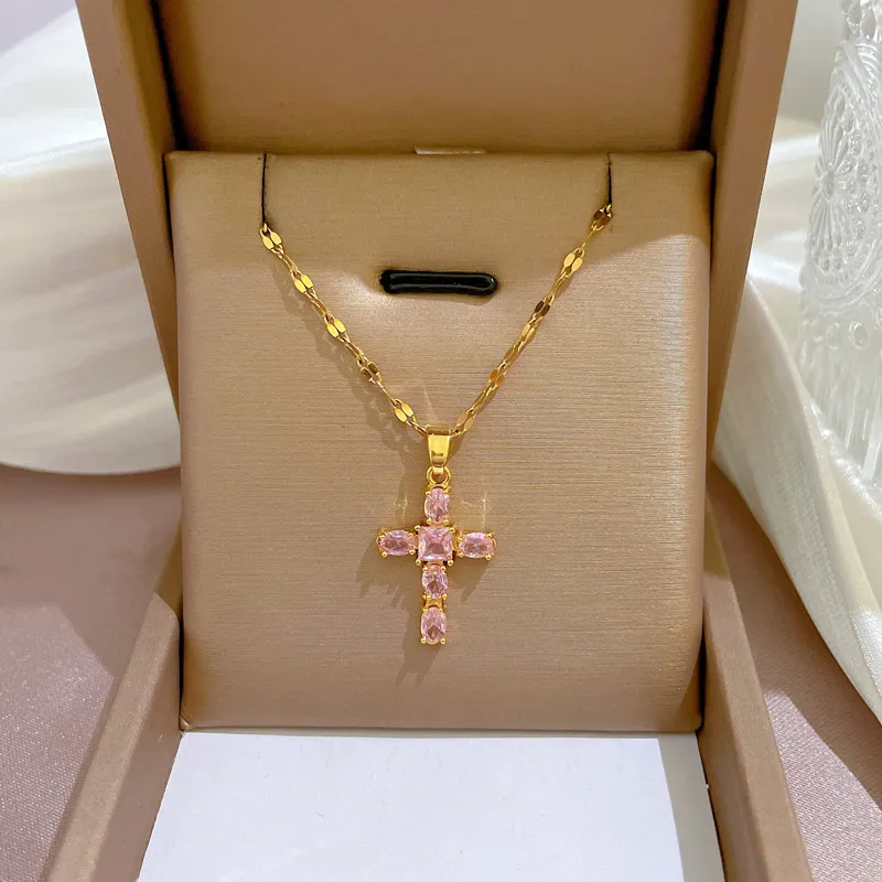 Exquisite Zirconia Cross Pendants Necklace For Women Luxury Adjust Choker Fashion Jewelry Accessories 316L Stainless Steel