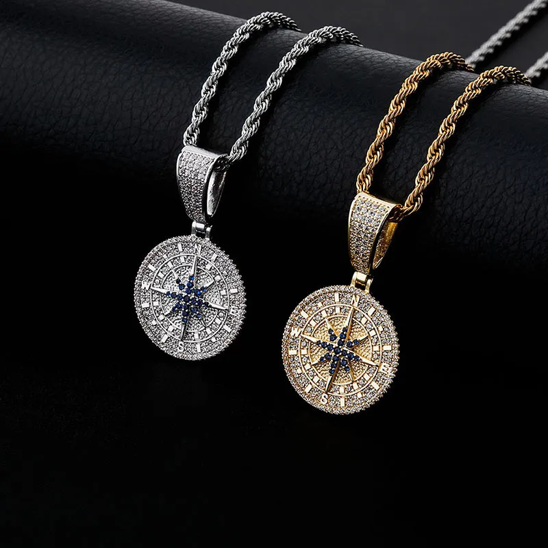 Hip Hop Compass Round Pendants Necklaces Full Zirconia Pendant Hiphop Personality Hipster Mens Women Necklace Accessories Copper Gold Silver Plated Jewelry