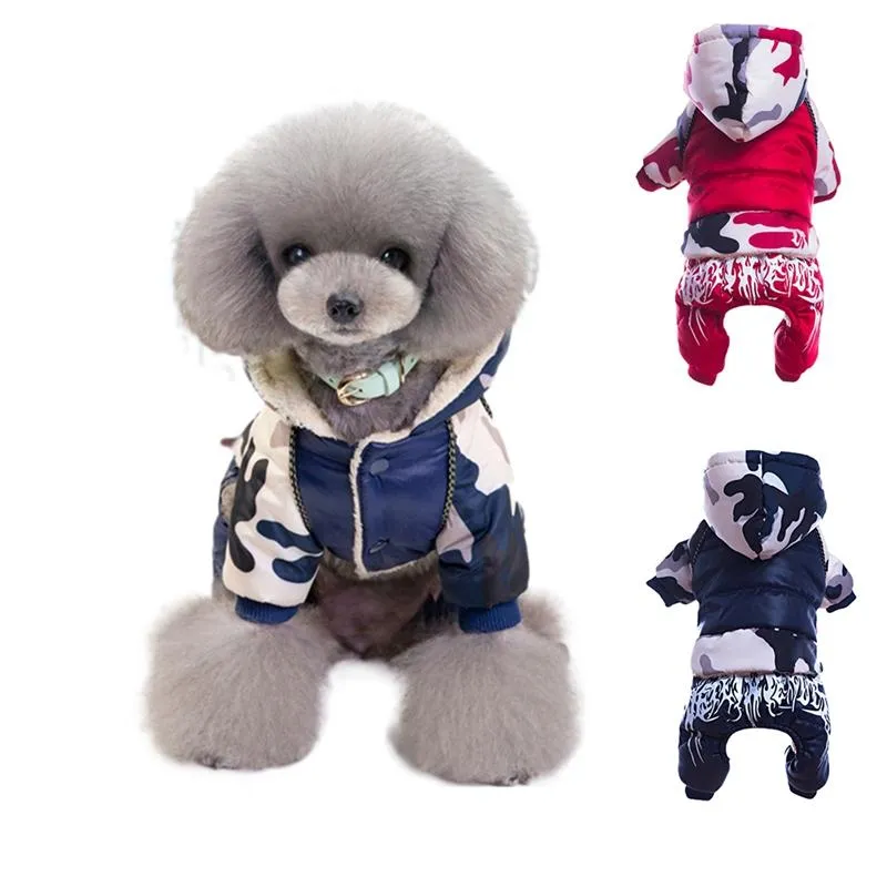 Dog Apparel Pet Winter 4 Legged Cotton Padded Warm Coat Thickening Hooded One Piece Costume Long Sleeve Jumpsuit Drop .6