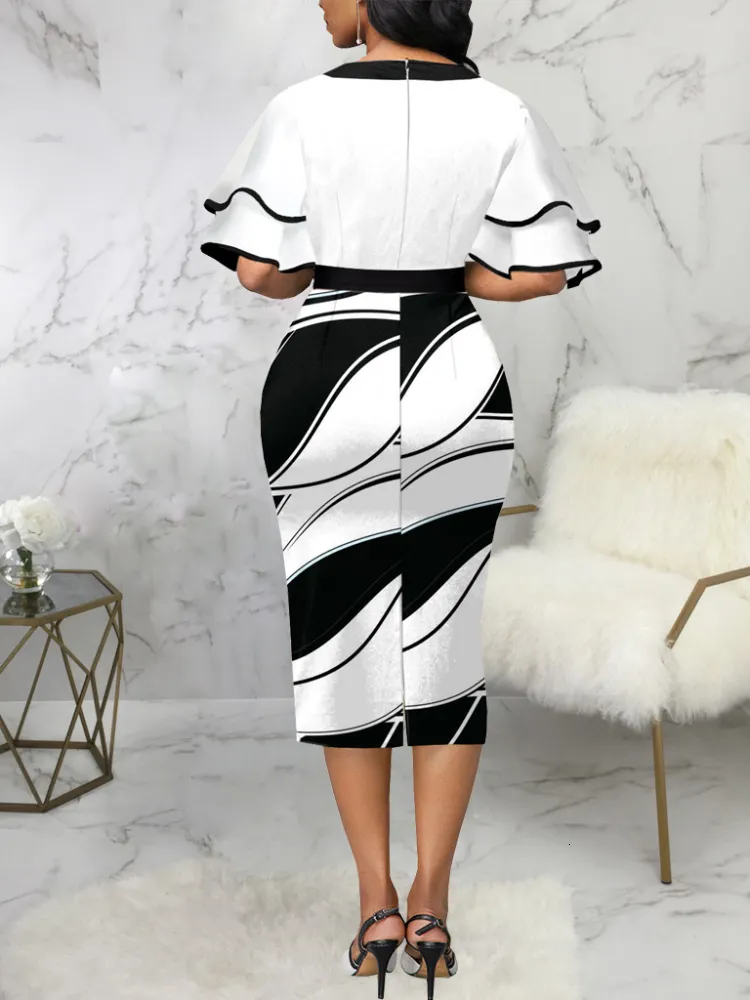 Black and Bodycon Print Short Sleeve Party Dress with Ruffle Sleeves, Bowtie, and Slim Fit - Perfect for Autumn and Parties (Vestido 230314)