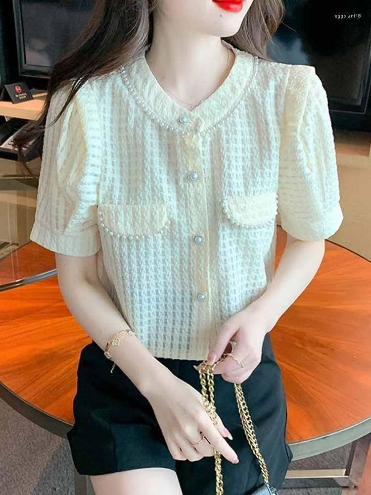 Blusas de mujer Fashion Summer Elegant Ladies Camisa Manga Mujer Chiffon Correo redondo Cubro corto Lindo Blusas Mujer 24581