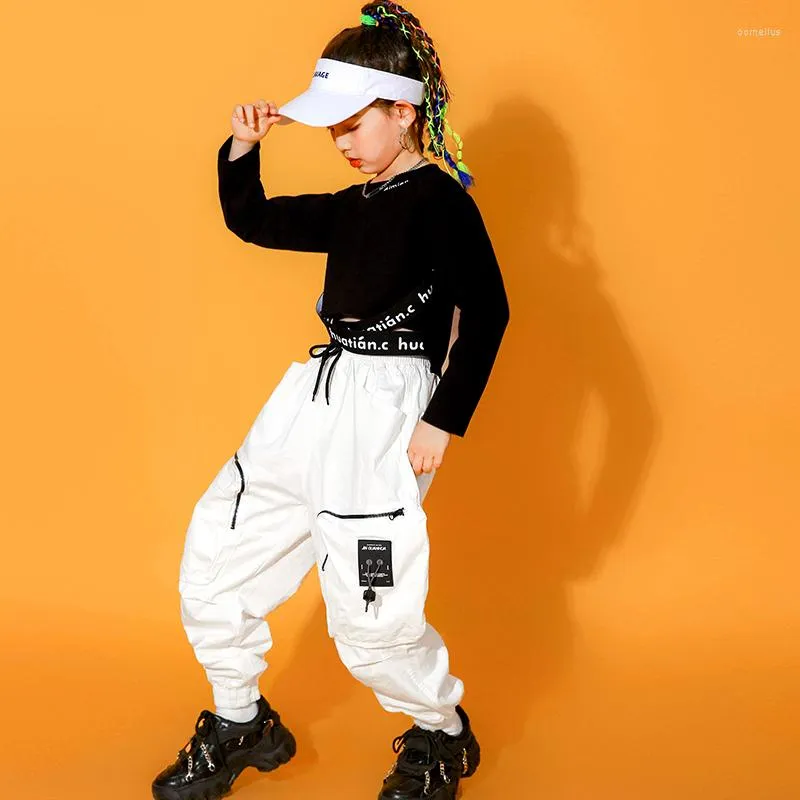 Tenue de danse Hip Hop Kids Pantalons de fret a manches longues Black Top White costume de danse de rue pour filles BL7001