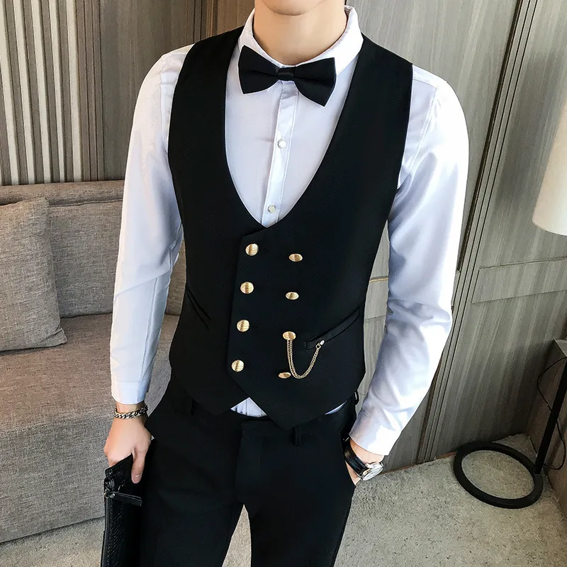 Mens Vests Latest Style Double Breasted Men Suit Vest Gold Button Slim Fit Formal Groom Wedding Vest Streetwear Sleeveless Vest Jacket 230313