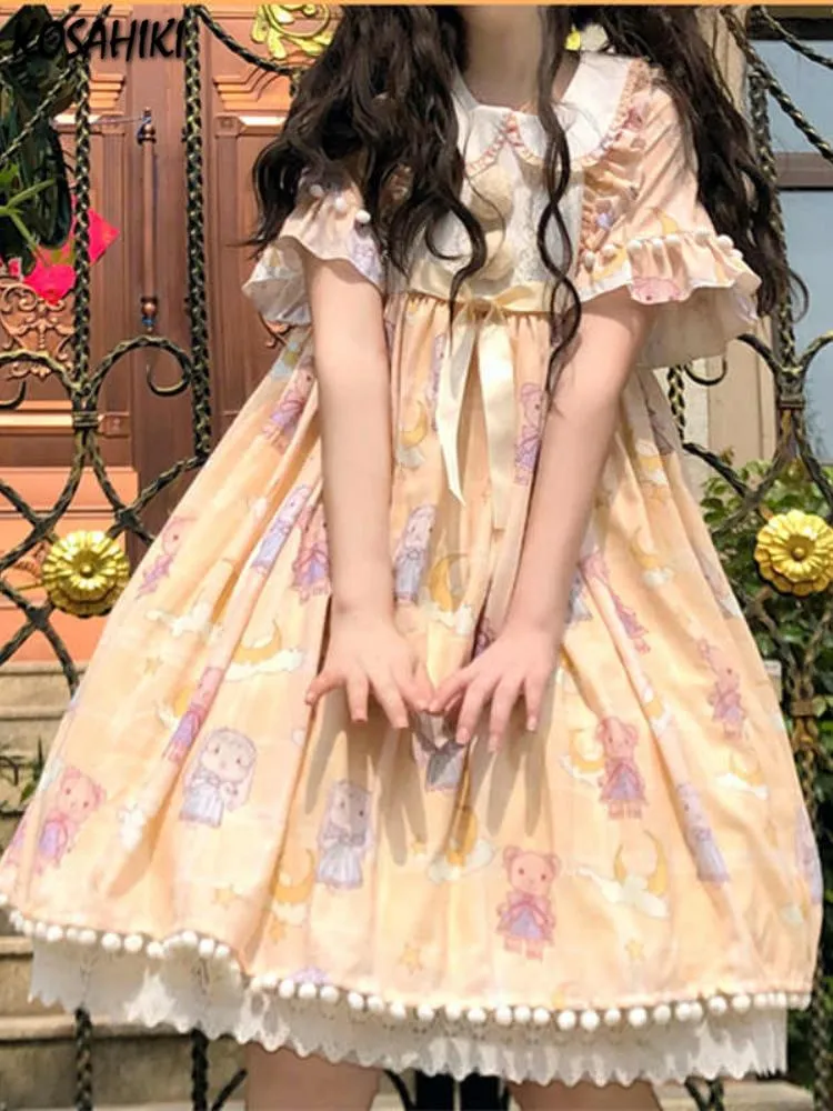 Casual Dresses Cute Women's Lolita Dress Cartoon Print Robe Japanese Harajuku Kort ärmar Doll Fairy Kawaii Sweet Vestidoscasual