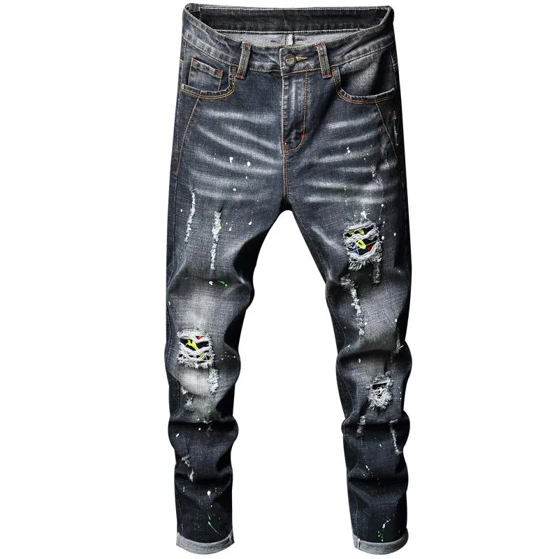 Men's Jeans 2023 Stretch Loose Straight Leg Pants Ripped Fashion Scraped Ink Technology Trend Pants45-95KG