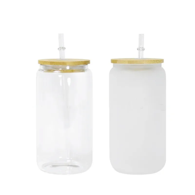 US Warehouse 12oz Sublimation Glass Tumbler Clear Frosted Glass Mugs With Bamboo Lid Drinking Straw Outdoor Portable Water Bottle B5