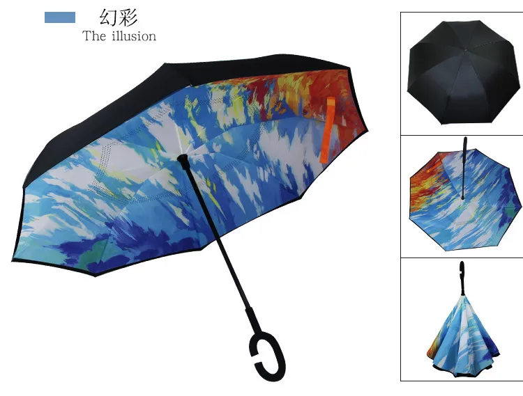 Klassisk vindtät omvänd paraply vikande dubbelskikt inverterat regn paraply självställ inuti ut regnskydd c-krok händer