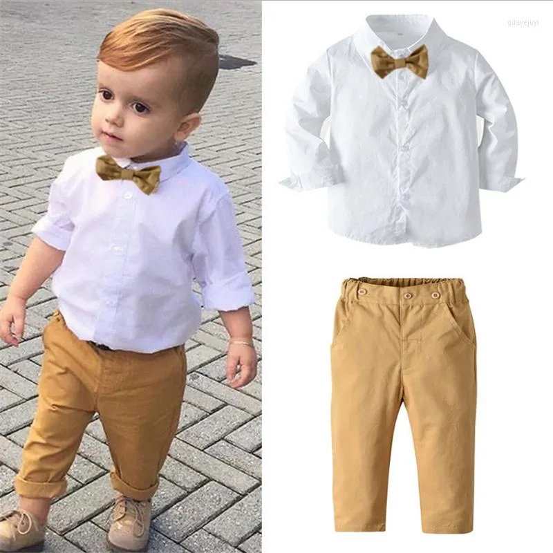 Kleidungssets für Kinder, Baby, Jungen, Gentleman-Kleidungsset, 2-teilig, solides Langarm-Einreiher-Hemd, Fliege, Freizeithose, 1–7 Jahre
