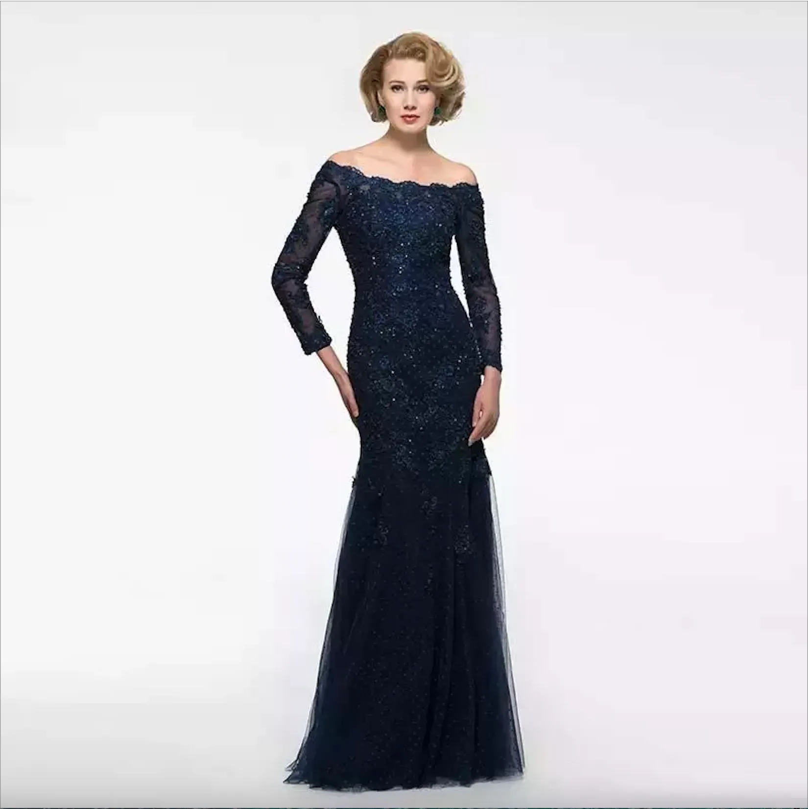 Lace Mermaid Mother of the Bride Dresses with Long Sleeves Appliques Beaded Floor Length Formal Evening Gowns