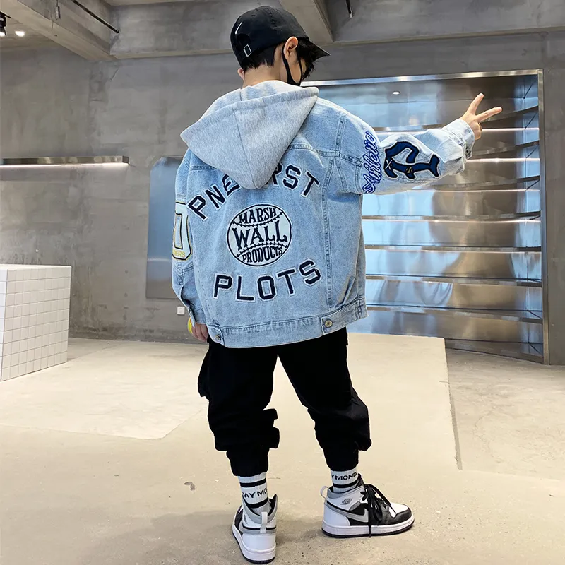 Korean Boys Denim Hooded Jacket with Letter Print for Children