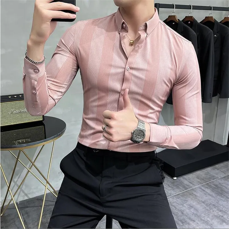 Men's Casual Shirts Spring Highend Striped Long Sleeved Shirt Men Korean Slim Fit Business Dress Shirt Men Streetwear Social Party Shirt M-4XL 230314