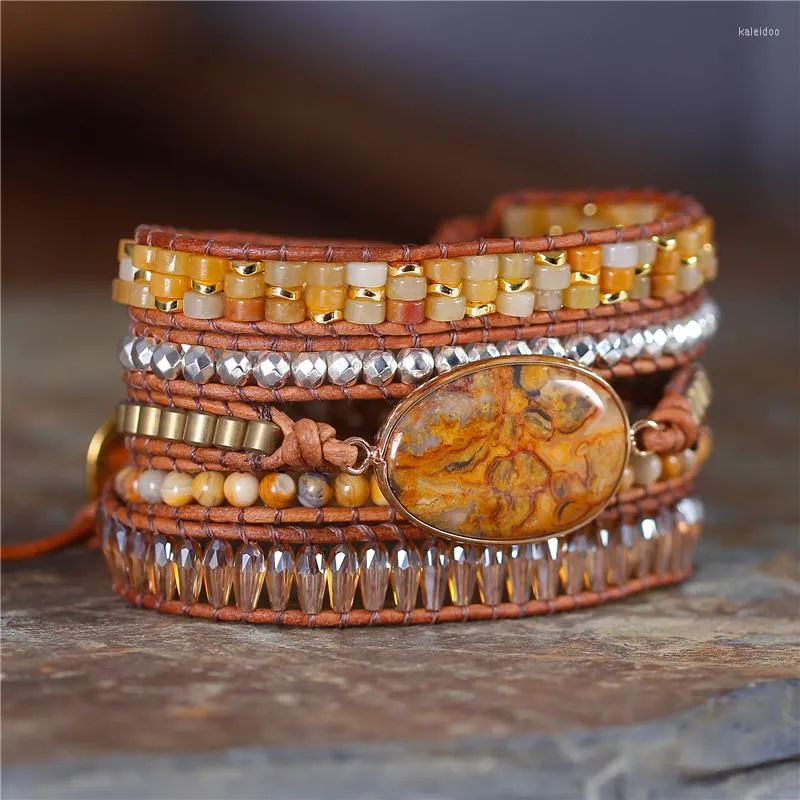 Bracelets de charme boho trançado longa embrulho em torno da pulseira de pedra natural de pedra 5 envoltórios