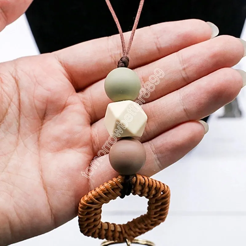 New Rattan Wood Bead Lanyard Keychain Work ID Badge Necklace Boho Nurse Teacher Charm Gift Beaded Pendant Accessory