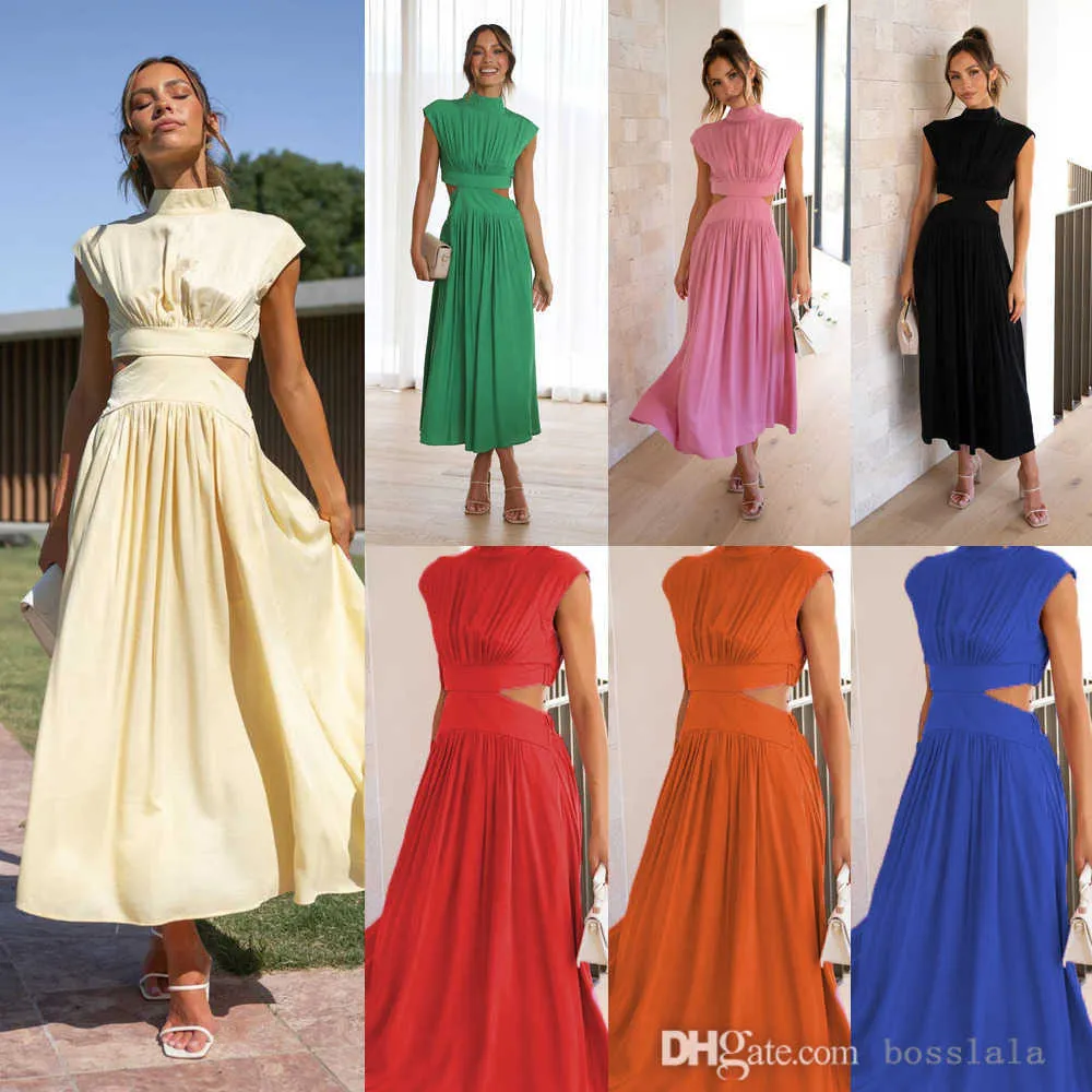 Womens Hollow Cut Dresses Sweet Fashion Street Summer New Stand Collar Solid Color Waist Length Dress