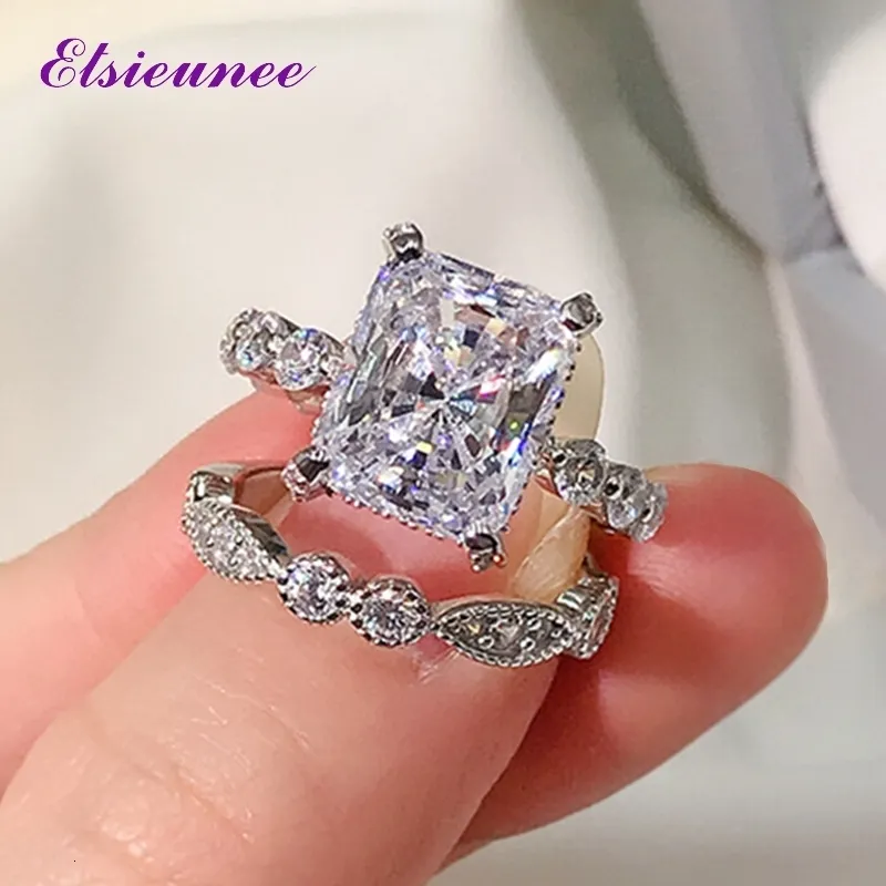 Wedding Rings ElsieUnee Classic 100% 925 Sterling Silver Simulated Diamond Wedding Engagement Bridal Ring Sets Fine Jewelry Gifts 230313